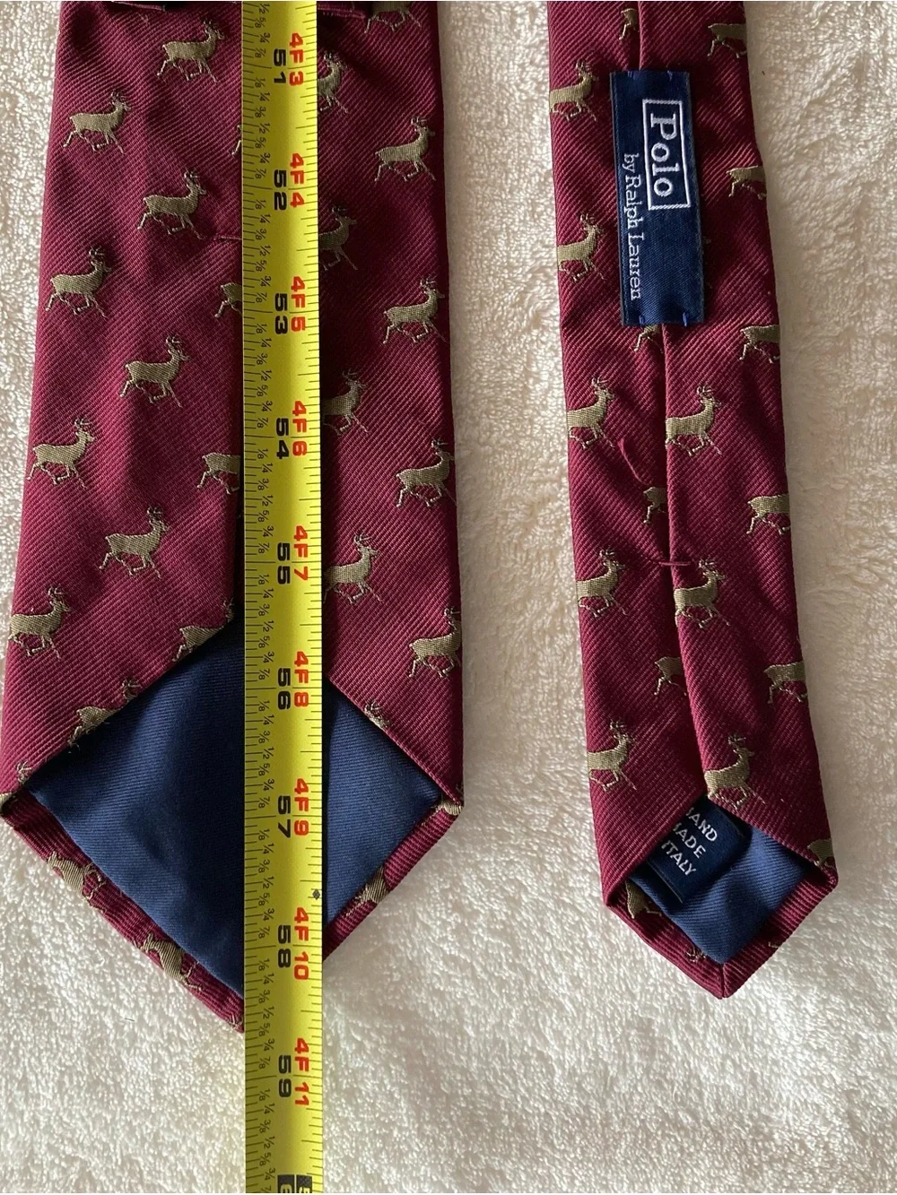 Vintage Polo Ralph Lauren Mens 100% Silk Tie Burgundy/Gold Deer Print Logo Italy